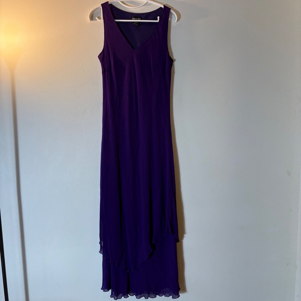 Simply Silk Purple Y2K 100% Silk Layered V-Neck Maxi‎ Dress Size Large